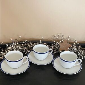 Williams Sonoma Brasserie Cup & Saucer Sets - 3 Sets- White with Blue Trim-8 oz